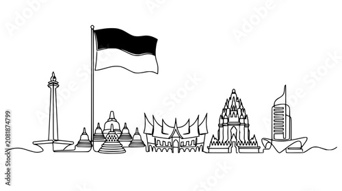 Fotografie Indonesia Skyline: Iconic Landmarks and Flag in Minimalist Line Art