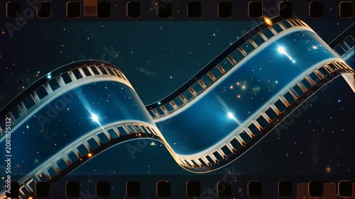 Curved cinematic film strip floating in space with glowing stars and futuristic movie production background