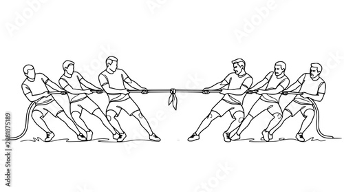 Fotografi Tug of War Competition - Teams Pulling Rope, Strength Contest, Sports Line Art