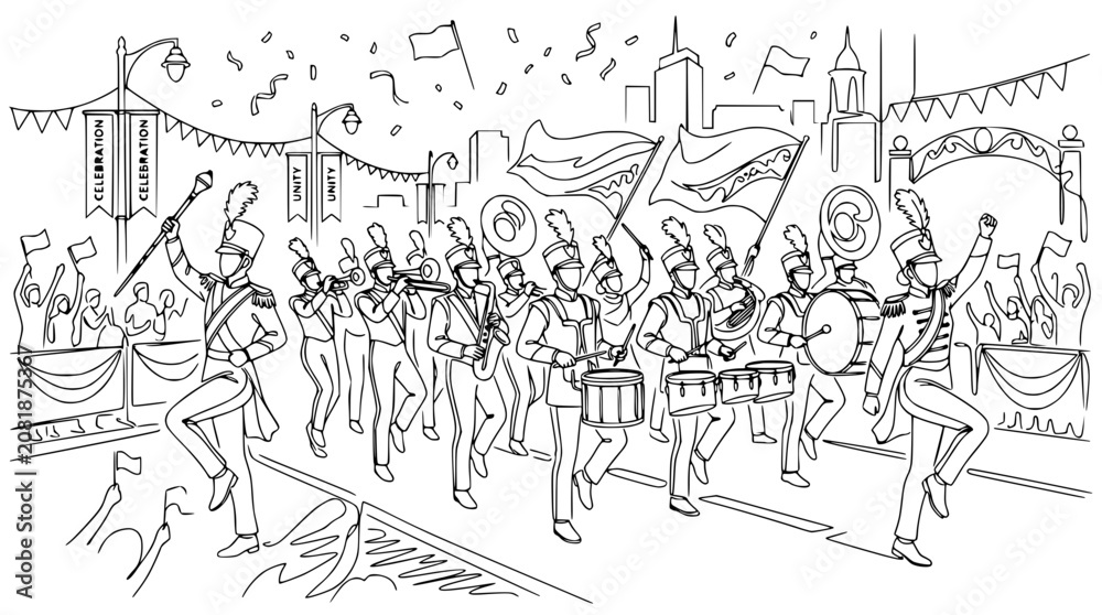 Obraz premium Marching Band Parade Celebration Cityscape Outline Illustration