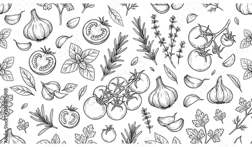 Fotografía Hand Drawn Garlic Tomato and Herb Seamless Pattern Vector in Soft Blue Sketch