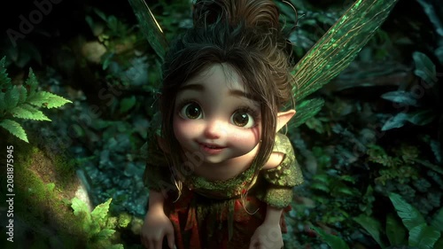 Fantasy, mysterious, wallpaper. A vivid portrayal of a fairylike creature in a lush, green forest. The creature has large, iridescent wings that glow with a luminous green hue.