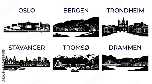 Bild auf Leinwand Norway Cities Skylines Silhouette: Oslo, Bergen, Trondheim, Stavanger, Tromsø, D