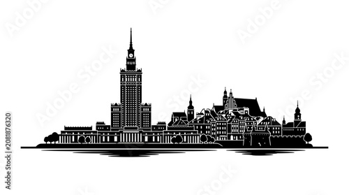 Tableau sur toile Warsaw Skyline Silhouette - Palace of Culture and Old Town