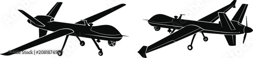 Military predator drone aircraft black vector silhouette icon set