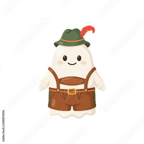 Картината върху платно Cute ghost character wearing traditional bavarian lederhosen and an alpine hat w