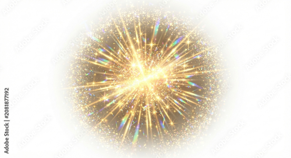 Obraz premium Bright golden starburst glow sparkle light rays prism explosion white overlay element