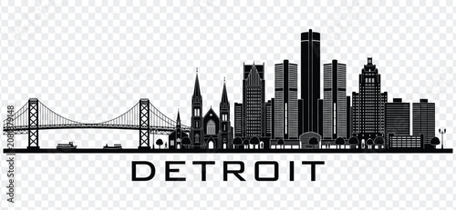 Photos Detroit city skyline black silhouette with famous landmarks and ambassador bridg