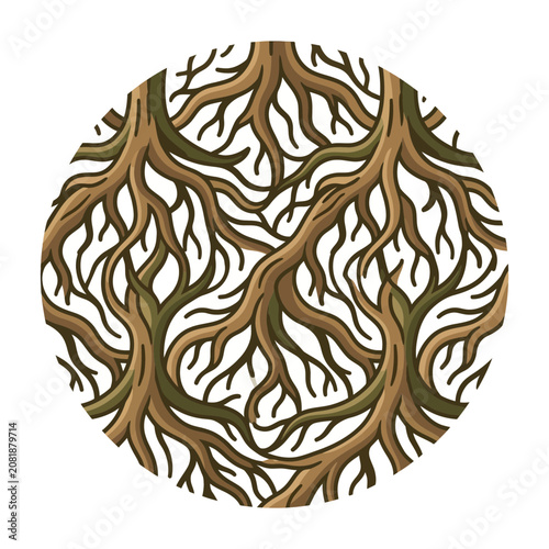 Foto Intricate circular pattern of interconnected tree roots and organic branches