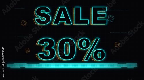 Neon Sale 30 Discount Sign with Glitch Effect on Dark Background.