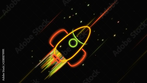 Neon Rocket Launching into Space with Stars and Light Trails.