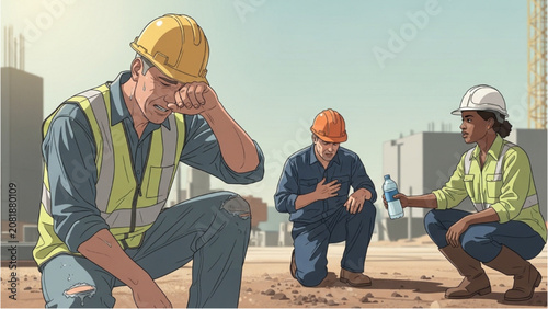 Schilderij op canvas Workers in hard hats discuss on a construction site with concern