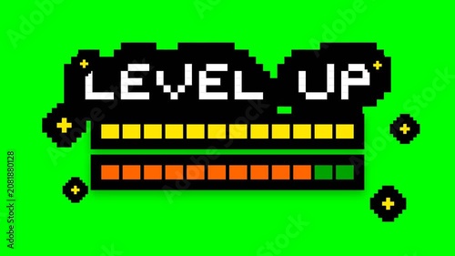 Pixelated Level Up Animation on Green Screen.