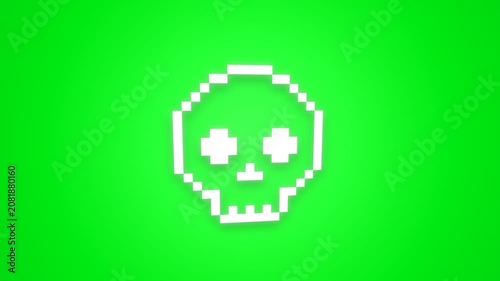 Pixelated Skull Icon on Green Screen Background.