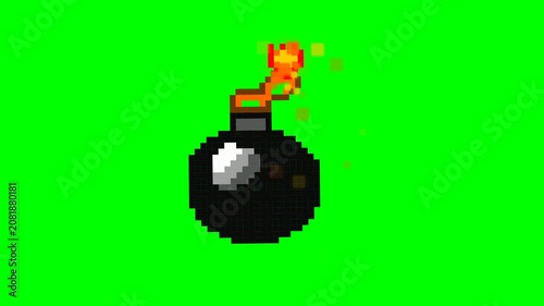 Pixelated Bomb with Burning Fuse on Green Screen.