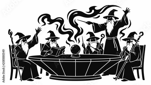 silhouette of wizards gathered around a cauldron