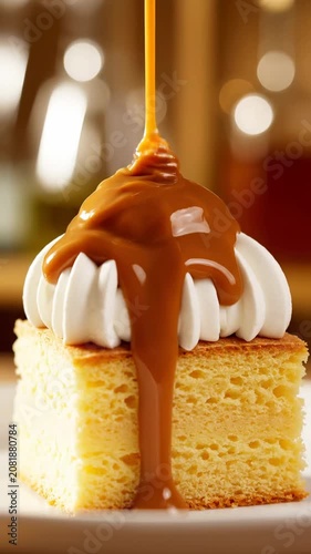 A slice of cake being drizzled with caramel on a plate
