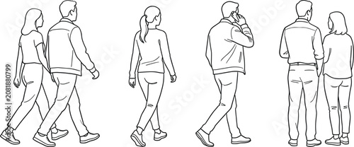 Back view of casual people walking and talking line drawing vector set depicting human outdoor activity