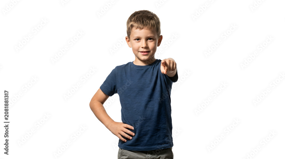 Fototapeta premium Young boy pointing finger forward with confident expression and hand on hip PNG Isolated on transparent background