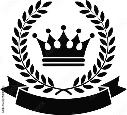 Black silhouette of a royal crown centered inside a circular laurel wreath, featuring a blank ribbon banner at the bottom on white background