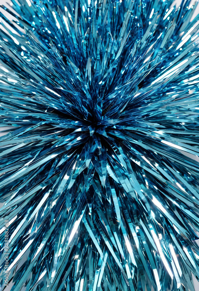 Fototapeta premium Blue metallic tinsel close-up on white background