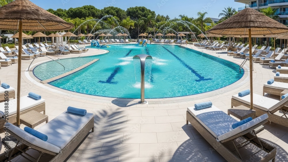 Fototapeta premium Luxury resort swimming pool with loungers and thatched umbrellas