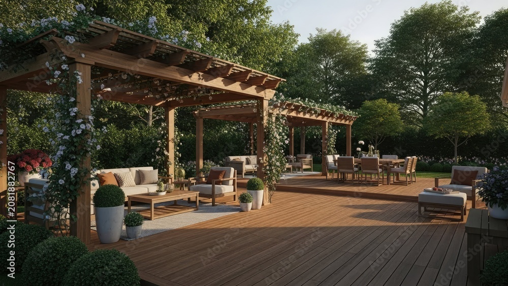 Obraz premium Modern outdoor patio with wooden pergolas and luxury furniture