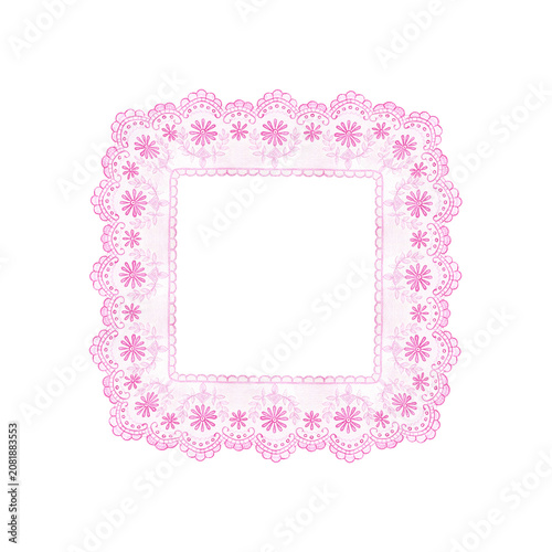 Pink lace frame monochrome hand drawn watercolor square border illustration. Elegant coquette style template with copy space for wedding invitations, greeting cards and feminine branding projects.