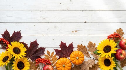 Vibrant autumn border composition with sunflowers, pumpkins, apples, rowan berries and colorful dry leaves on a white wooden background.