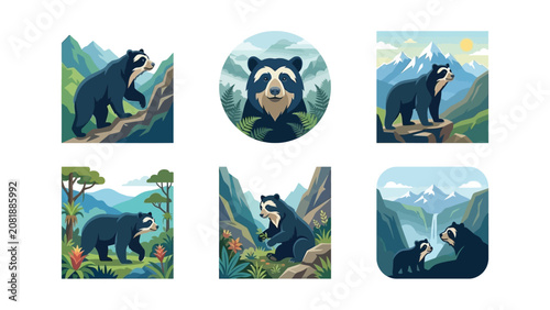 Andean Spectacled Bear in Mountainous Nature Scenes - Vector Illustrations