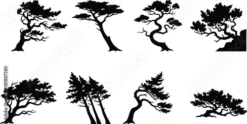 Bonsai Tree Silhouette Vector Collection with Windswept Japanese Style Trees on White Background
