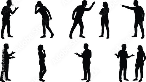 Business Communication People Silhouette Vector Set with Conversation and Discussion Poses