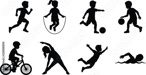 Children Sports and Play Silhouette Vector Set with Active Kids Outdoor Activities