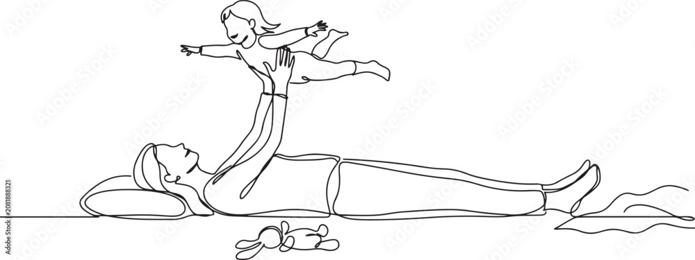 Fototapeta premium Single continuous line drawing mother lying on the floor lifting her daughter. Like an airplane. Play together. Pampering children. Single line draw design vector illustration