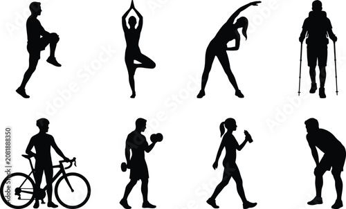 Fitness and Wellness Activity Silhouette Vector Set with Exercise and Healthy Lifestyle Poses