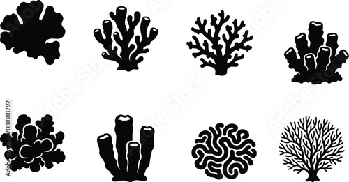 Marine Coral Reef Silhouette Vector Collection with Sea Sponge and Ocean Flora Elements                                                