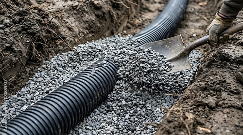 Worker filling a drainage pipe trench with gravel for water control