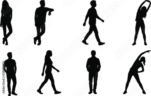 People Silhouette Vector Set with Standing Walking and Stretching Poses Isolated on White Background