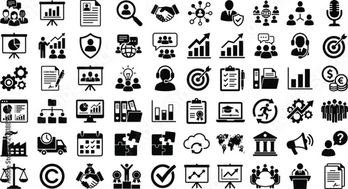 Business management and corporate finance vector glyph icon set featuring marketing strategy teamwork human resources elements