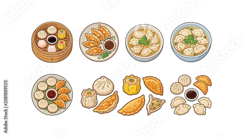 Collection of Delicious Asian Dumplings and Dim Sum - Vector Art