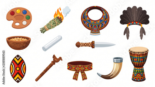 African traditional cultural items including djembe drum shield headdress and dagger