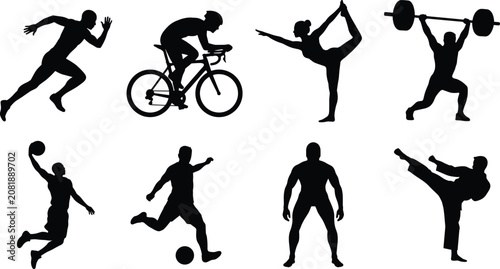 Sports Athlete Silhouette Vector Set with Fitness and Action Poses Isolated on White Background