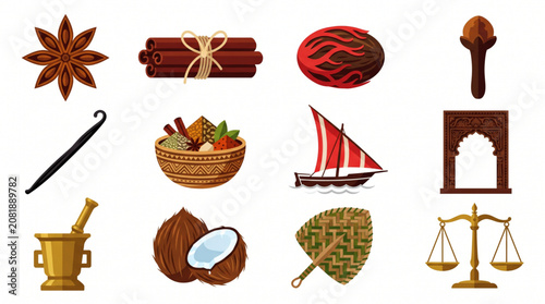 Set of Traditional Exotic Spices and Cultural Symbols for Culinary and Trade Concepts
