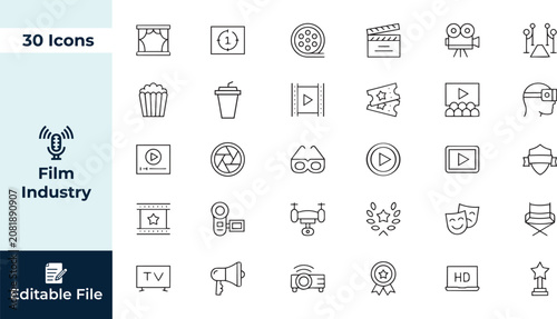 Film industry and cinema line icon set, movie production, entertainment elements vector