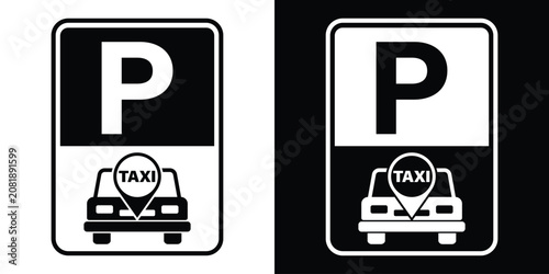 Foto Taxi parking sign icon showing front view of a cab with location pin