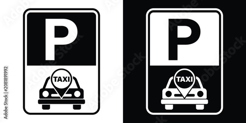 Cuadro en lienzo Taxi parking sign icon showing front view of a cab with location pin