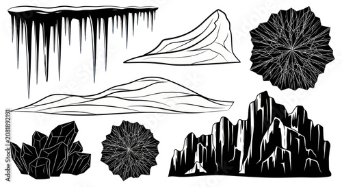 Foto Black and white rock formations illustrations.