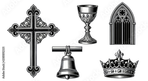 Obraz na płótnie Christianity cross chalice bell crown.