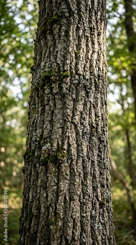 Detailed texture of rough tree bark with moss in a sunny forest