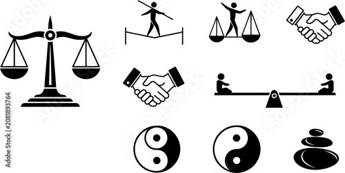 Tableau sur toile The illustration depicts various symbols of balance and harmony including scales and hands shaking